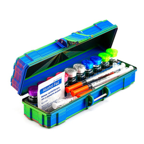 Open blue and vial case with various vials and syringes on a white background