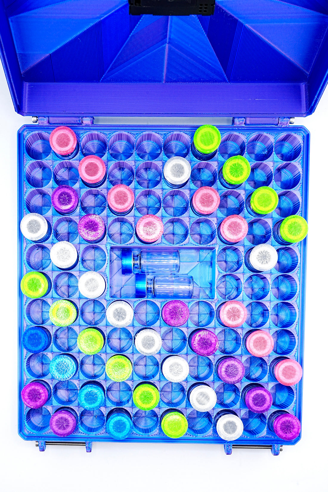 TempView 104-slot vial case with bottles loaded — bulk inventory storage