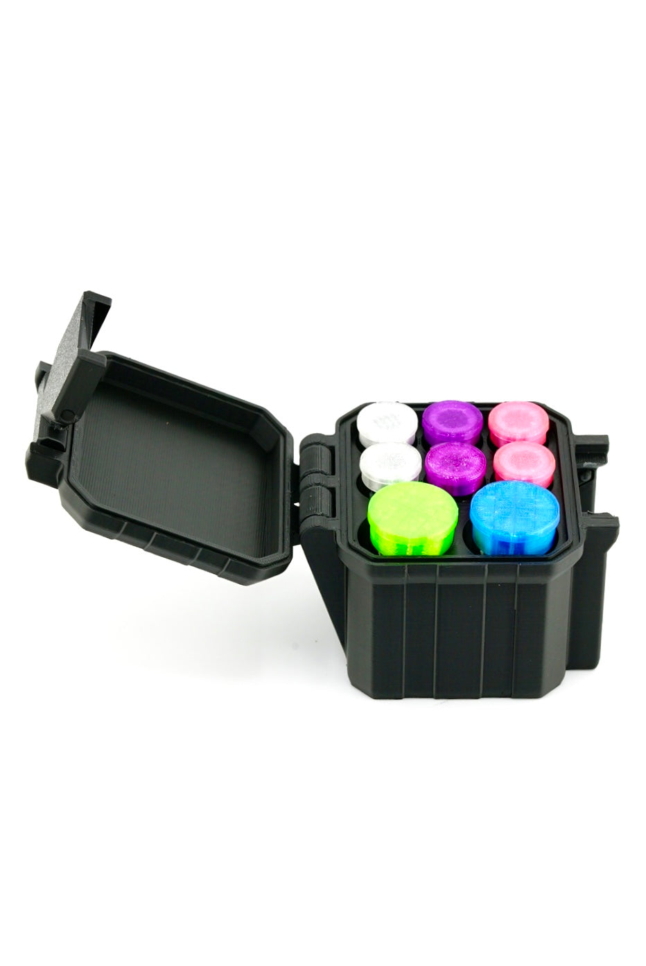 6-slot 3 ml vial organizer, in-use scene with vials loaded into slots