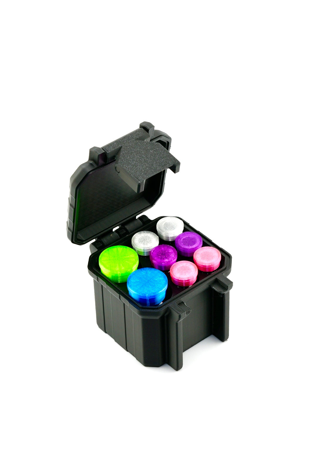 6-slot 3 ml vial organizer, opened to reveal interior storage slots