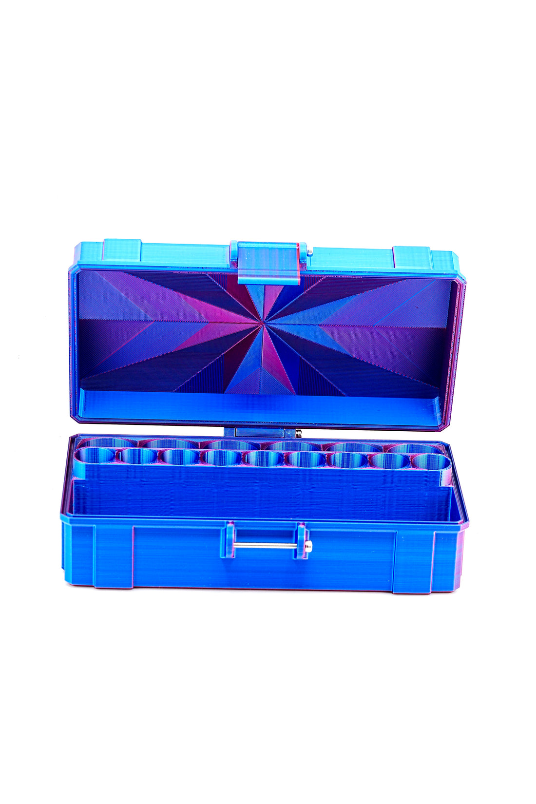 Open blue vial storage case showing organized interior slots