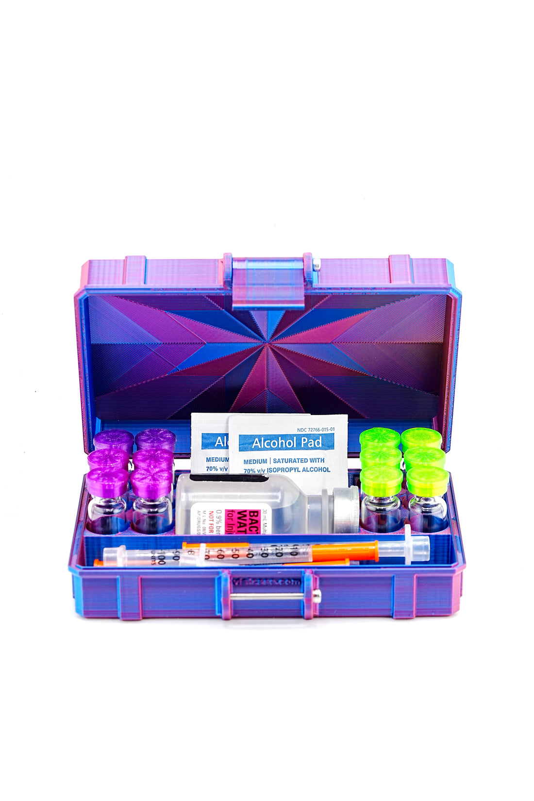 Lab test kit with various components in a purple case on a white background
