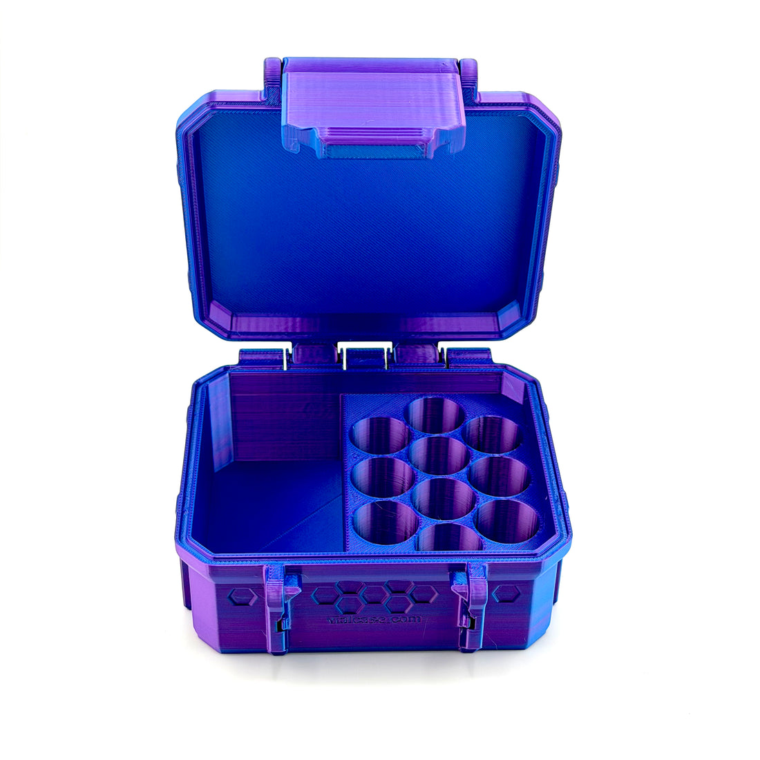Open metallic blue and purple vial case with ten round slots and a 30 mL bottle slot, viewed from the front.