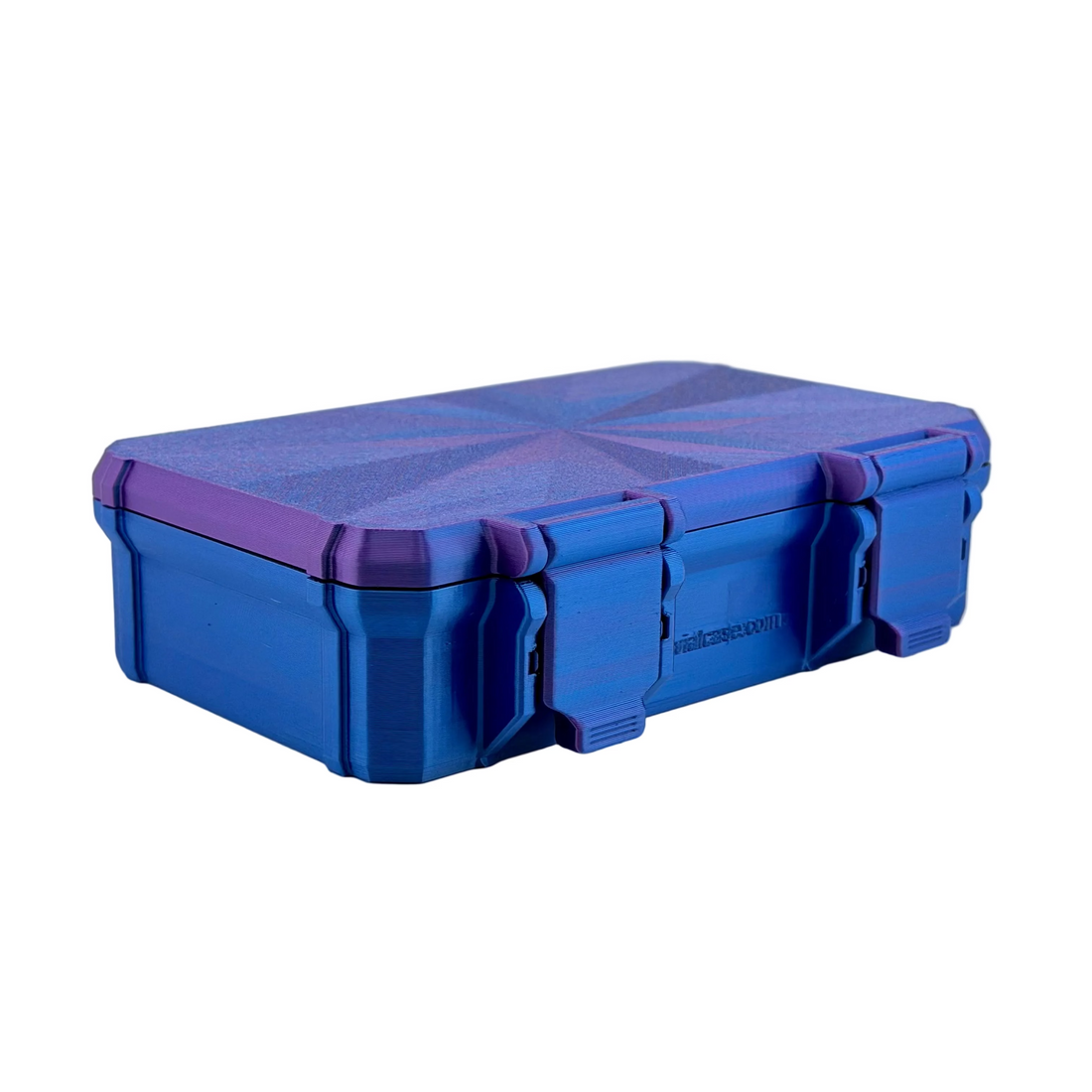 Closed blue and purple 3D-printed hard-shell vial case with two front latches shown from a front angle.