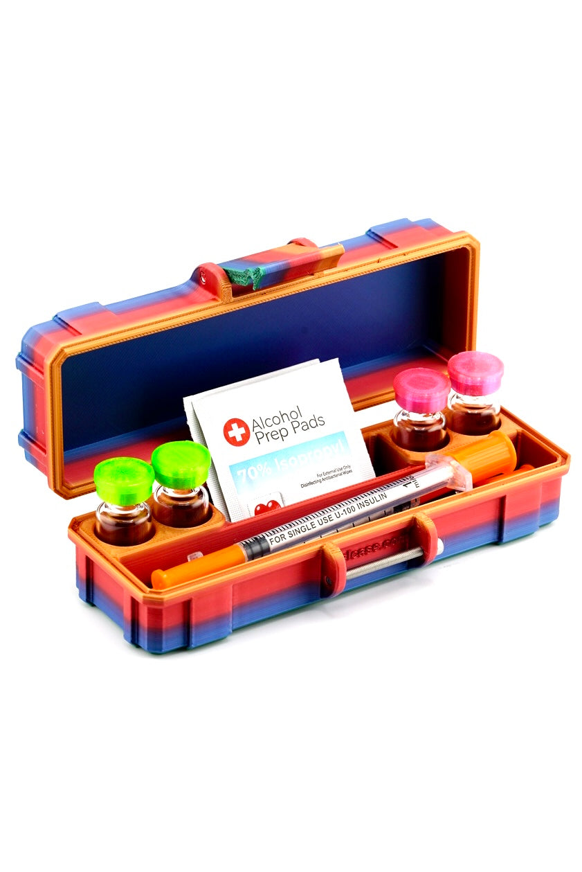 4-Slot 3 ml or 10 ml vial case with extra storage for syringes and alcohol pads — GLP-1 and peptide organizer