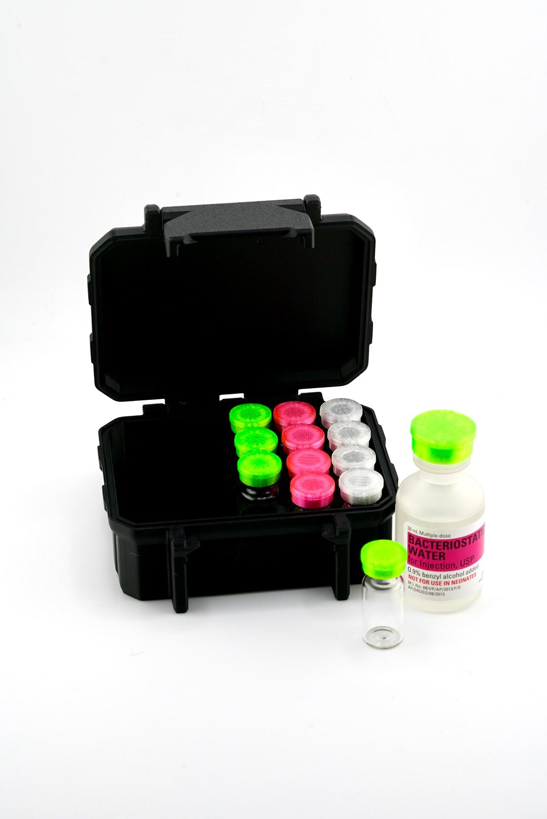 Hard-shell hinge-free rugged 12-slot vial case organizing 3 mL peptide vials and BAC water