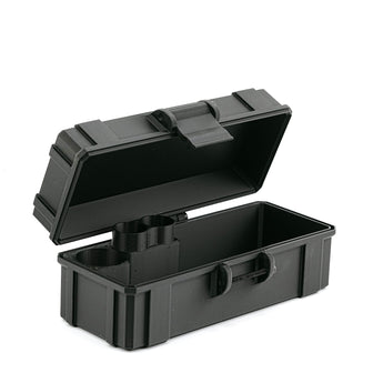 Black open vial box on a white background