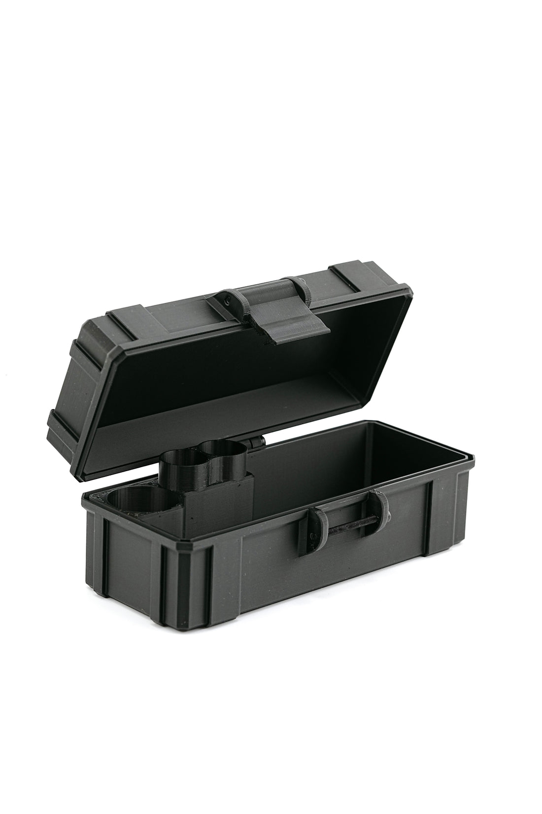 Black open vial box on a white background