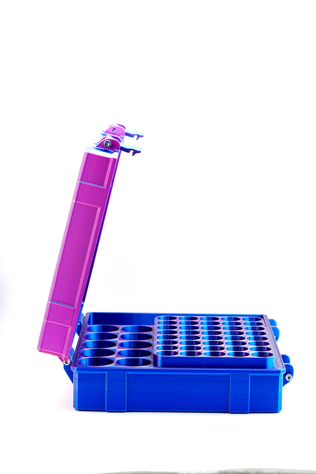 Blue and purple vial case container with a lid on a white background
