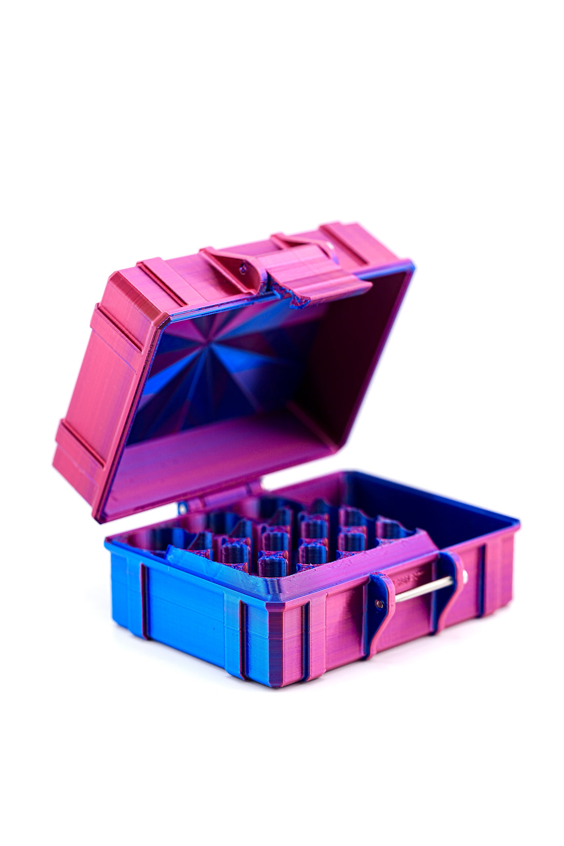 Colorful open vial case with compartments on a white background