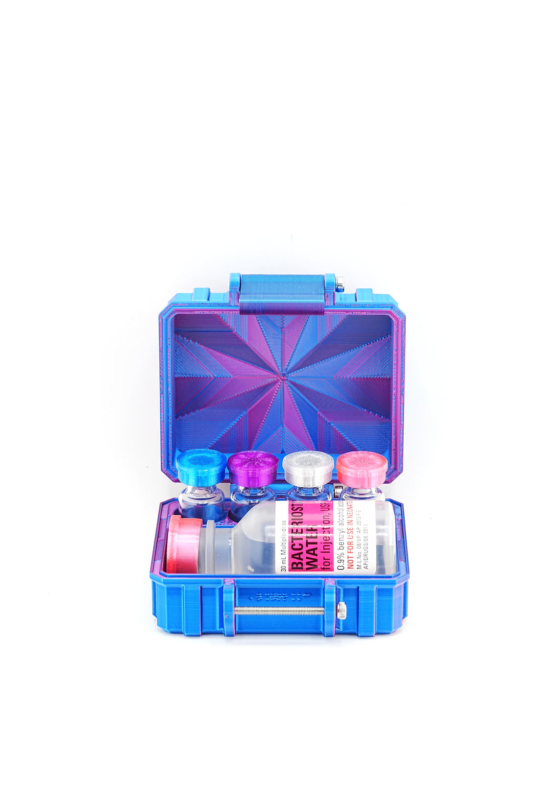 Blue vial case with colorful items on a white background