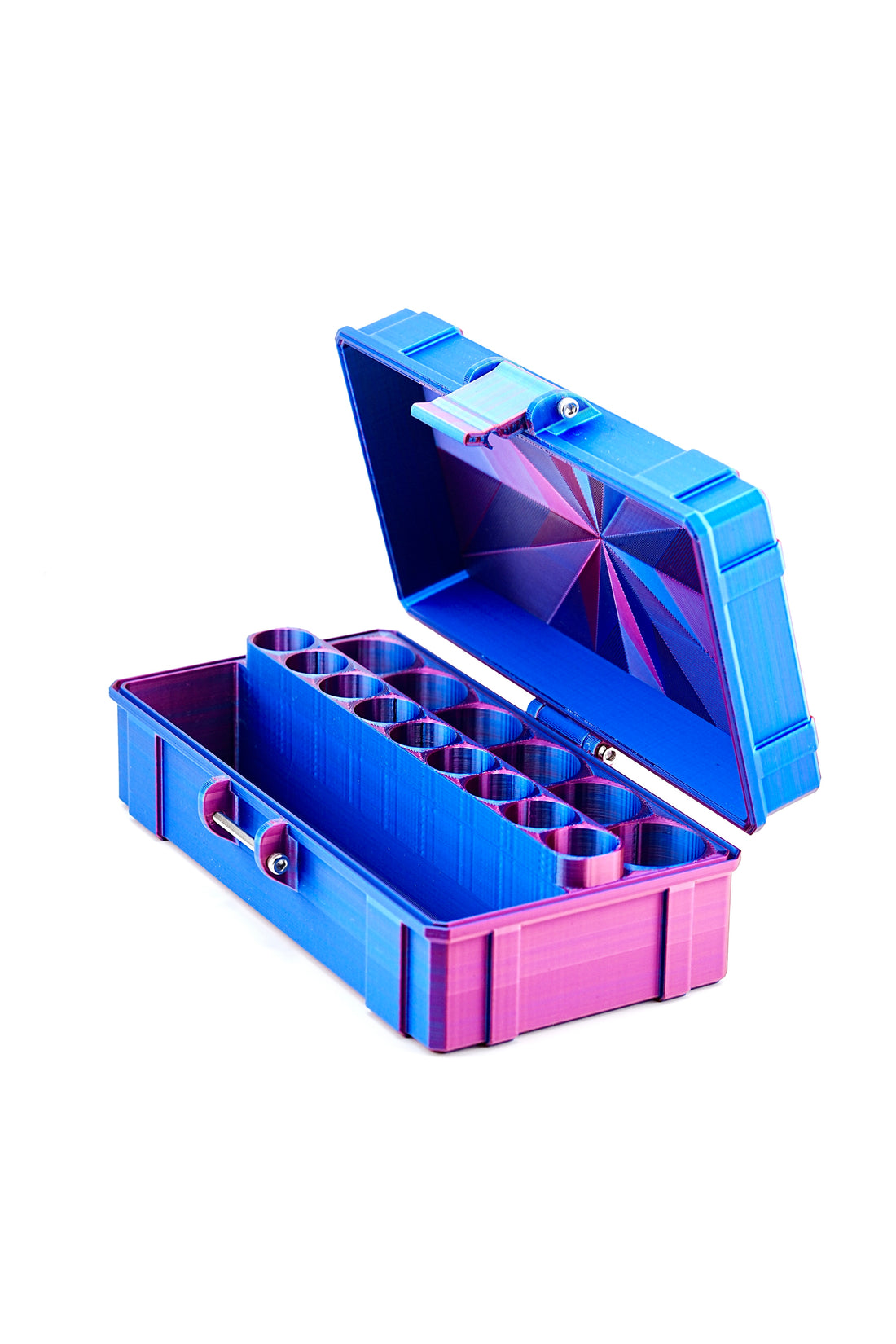 Angled view of open blue vial storage case with internal compartments