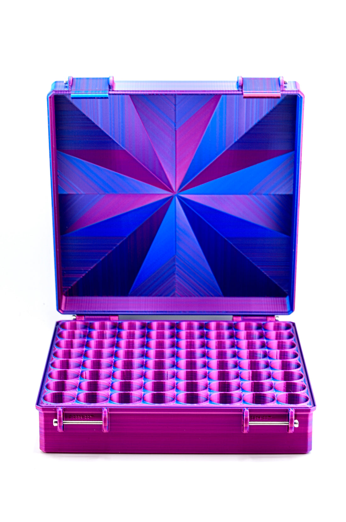 64-slot 10 ml vial organizer, opened to reveal interior storage slots