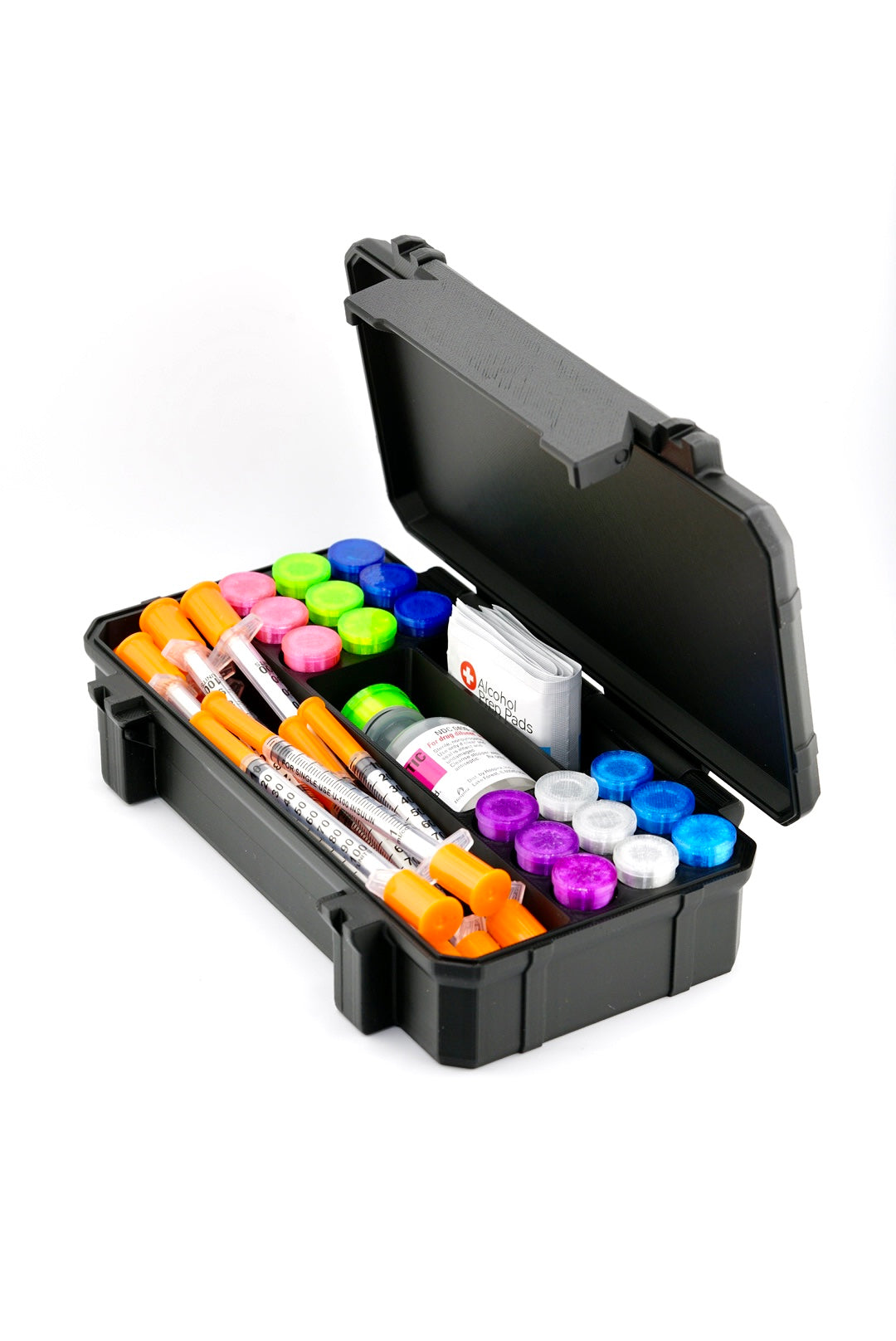 Rugged 18-Slot 3 mL Vial Case + BAC Slot + Syringe; Pad Storage shown open with lid raised — interior layout visible