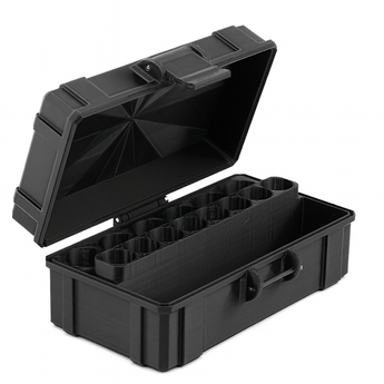 Black vial case with open lid on a white background