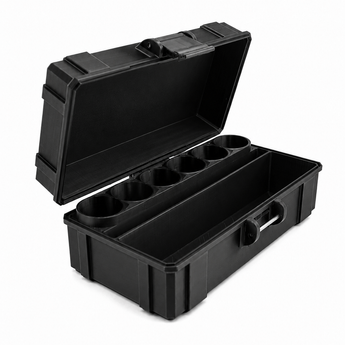 Black tool box with open lid on a white background