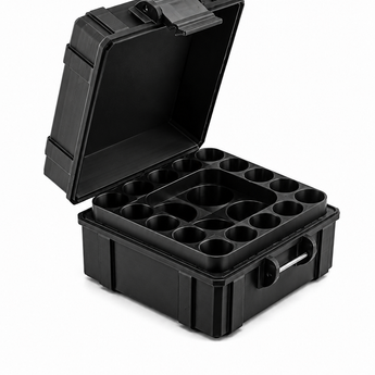 Black plastic case with compartments on a white background