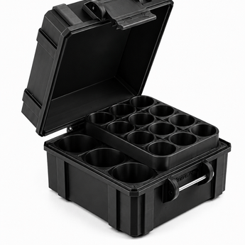Black tool case with multiple compartments on a white background