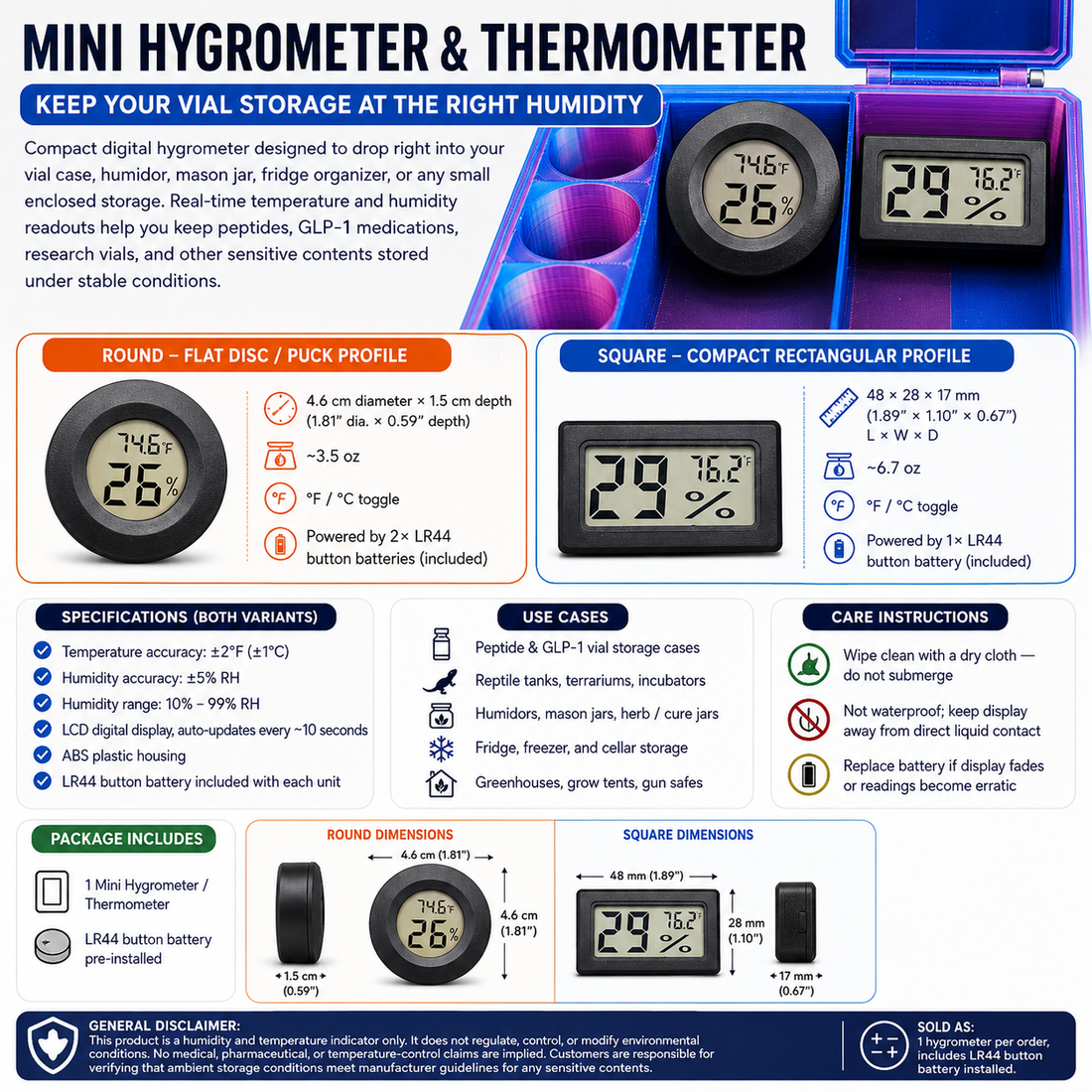 Mini Hygrometer for Peptide and GLP-1 Vial Storage — view 2