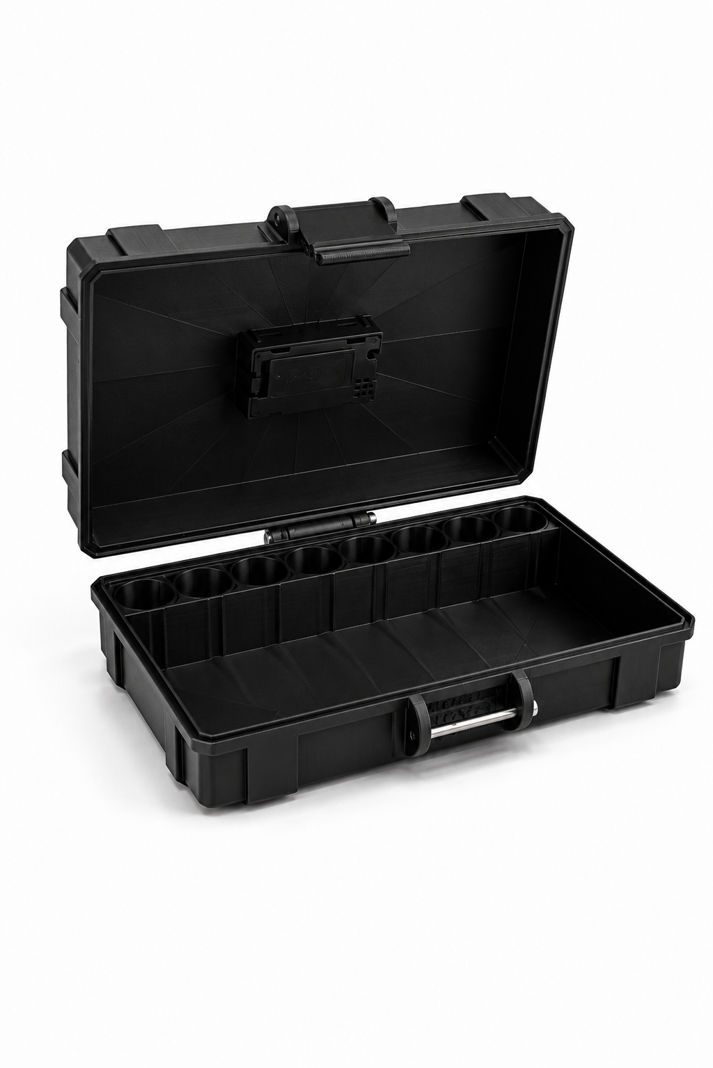 Black tool case with open lid on a white background