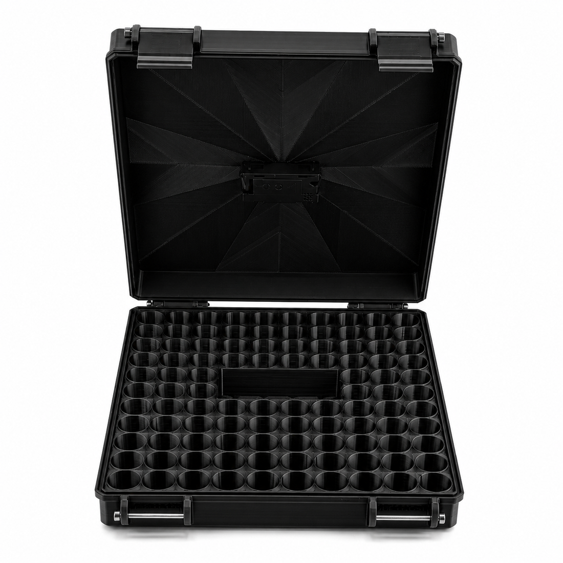 TempView 104-slot vial case closed — hard-shell exterior for safe bulk storage