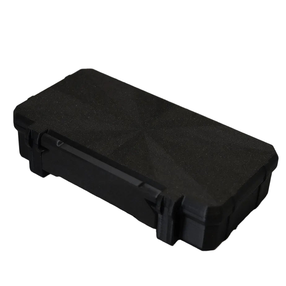 Black rugged 50-slot 3 mL vial case closed, hard-shell exterior, three-quarter view