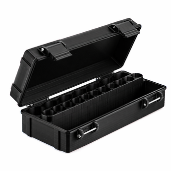 Open black mixed vial storage case with empty vial slots