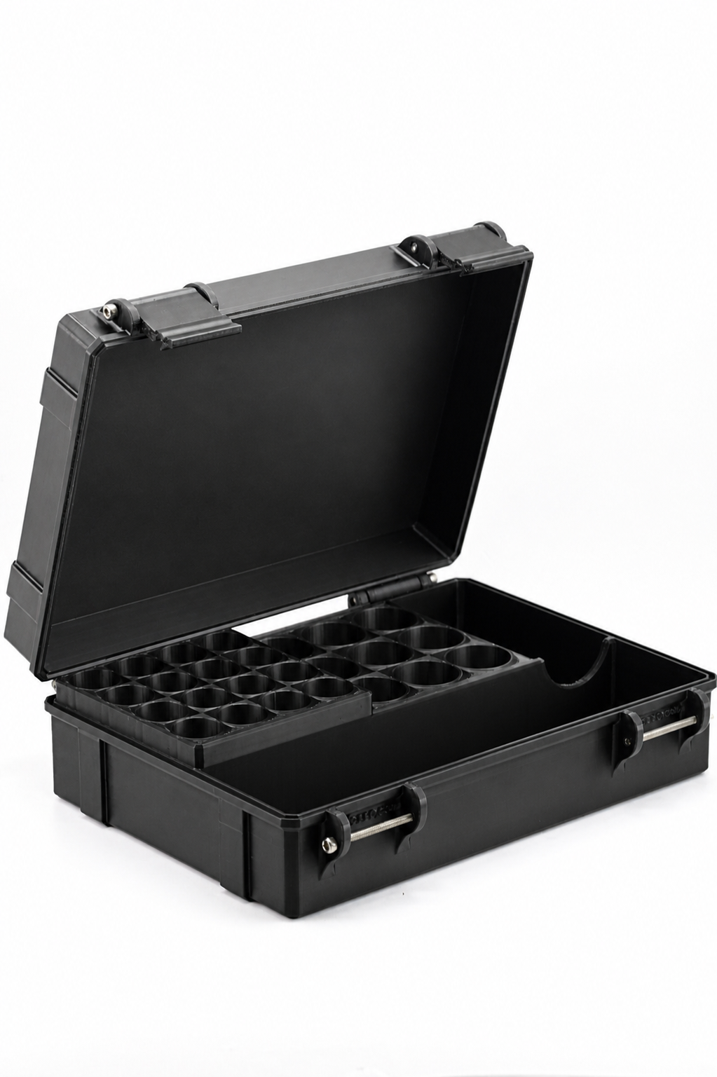 Black 16-slot 3 ml vial organizer, opened to reveal interior storage slots