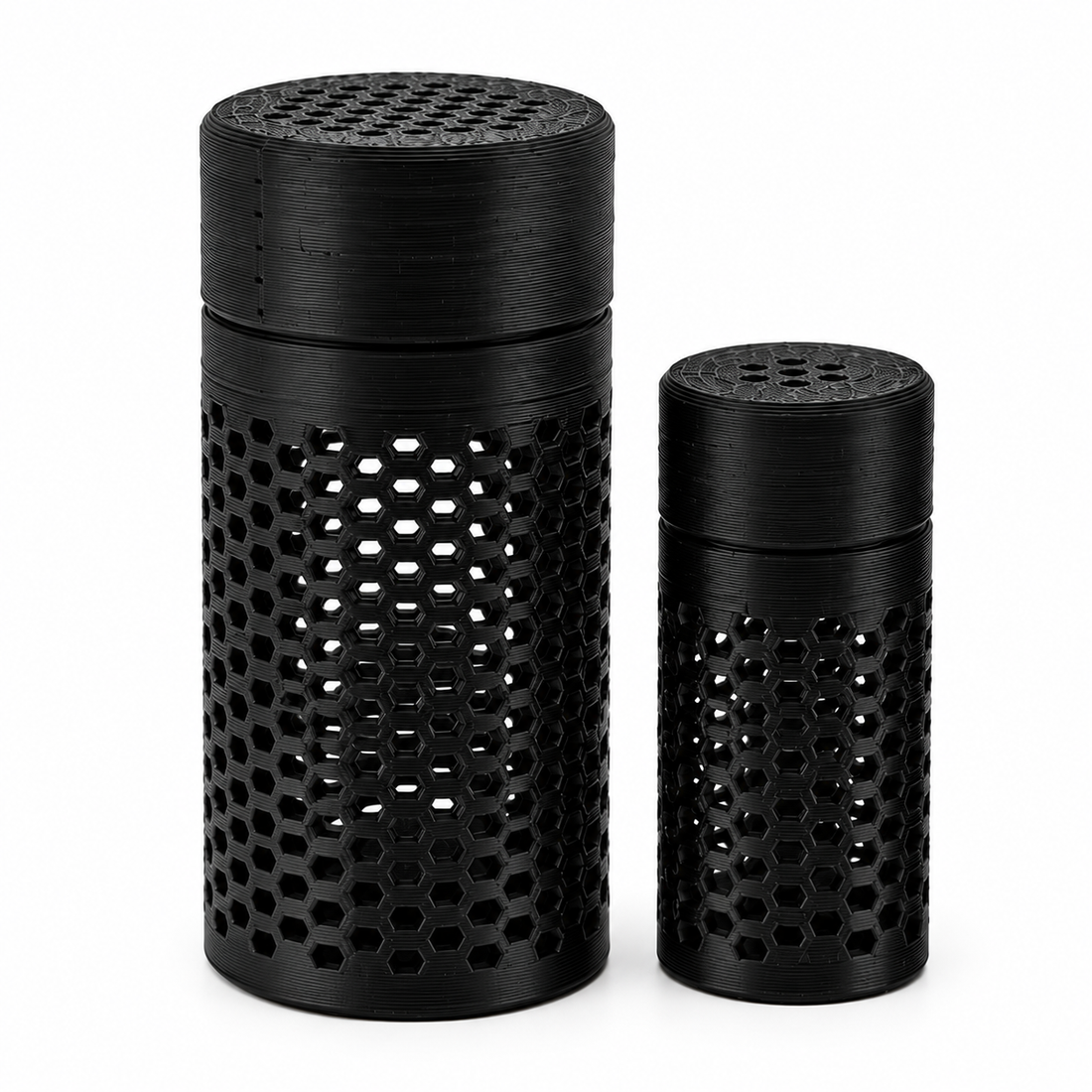 Black desiccant holders, 10 mL and 3 mL sizes, hex-cage body with screw cap