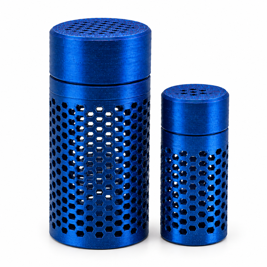 Galaxy Blue desiccant holders, 10 mL and 3 mL sizes, hex-cage body with screw cap