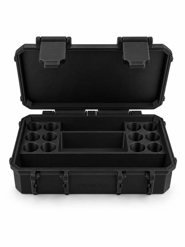 12-Slot 3 ml Vial Case with BAC & Syringe Storage | Organizer for GLP-1, Peptides, Research