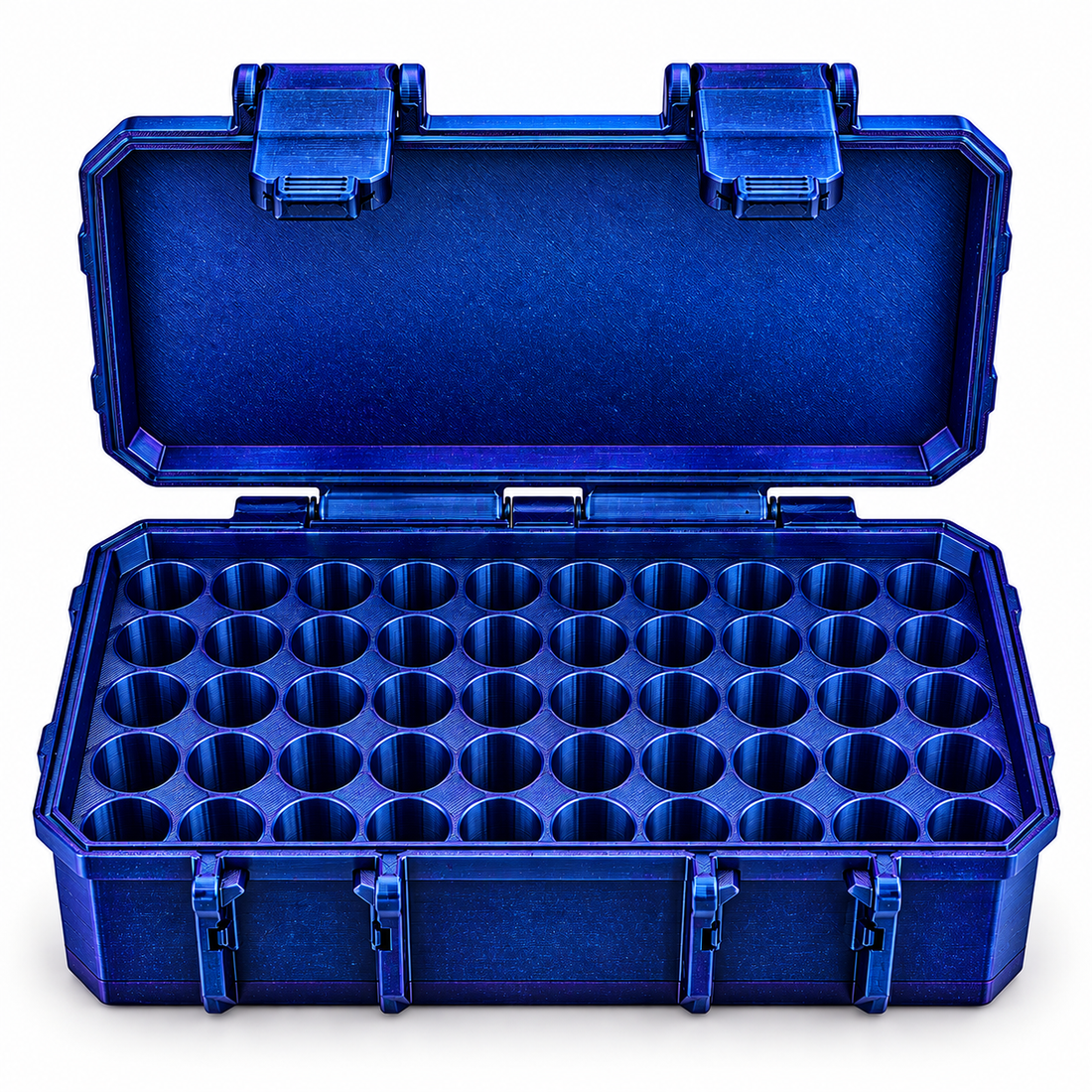 Open galaxy blue hard-shell storage case with fifty empty circular vial slots and two latches on the open lid.