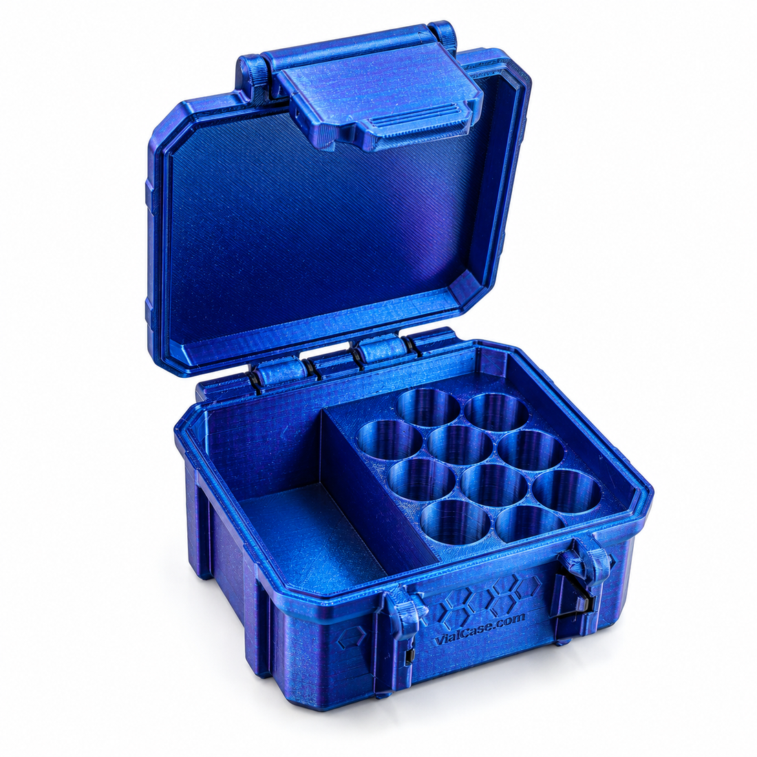 Open metallic blue hard-shell case with ten small vial slots and one 30 mL bottle slot.