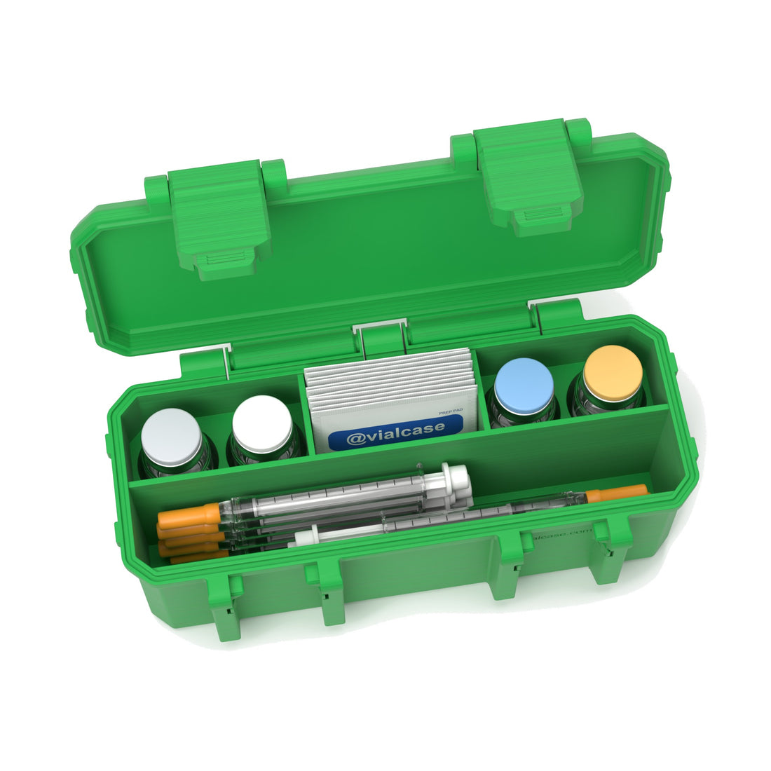 Staged: Insulin Vial Case 4 Vials in Cyber Green - vials, syringes and pads not included