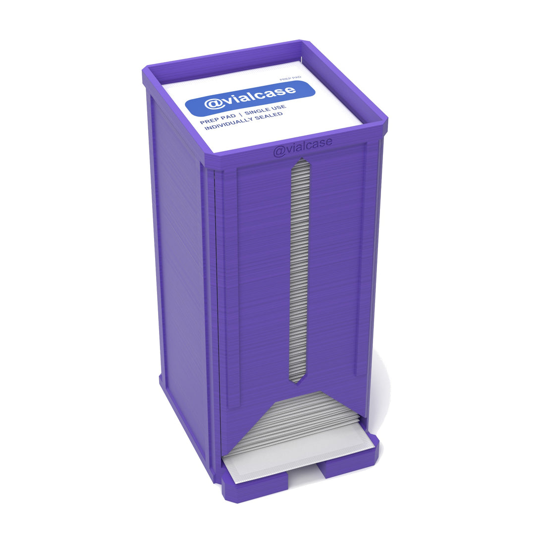 Staged: VialCase Prep Pad Dispenser 100 Large Pads in Purple - prep pads shown are not included