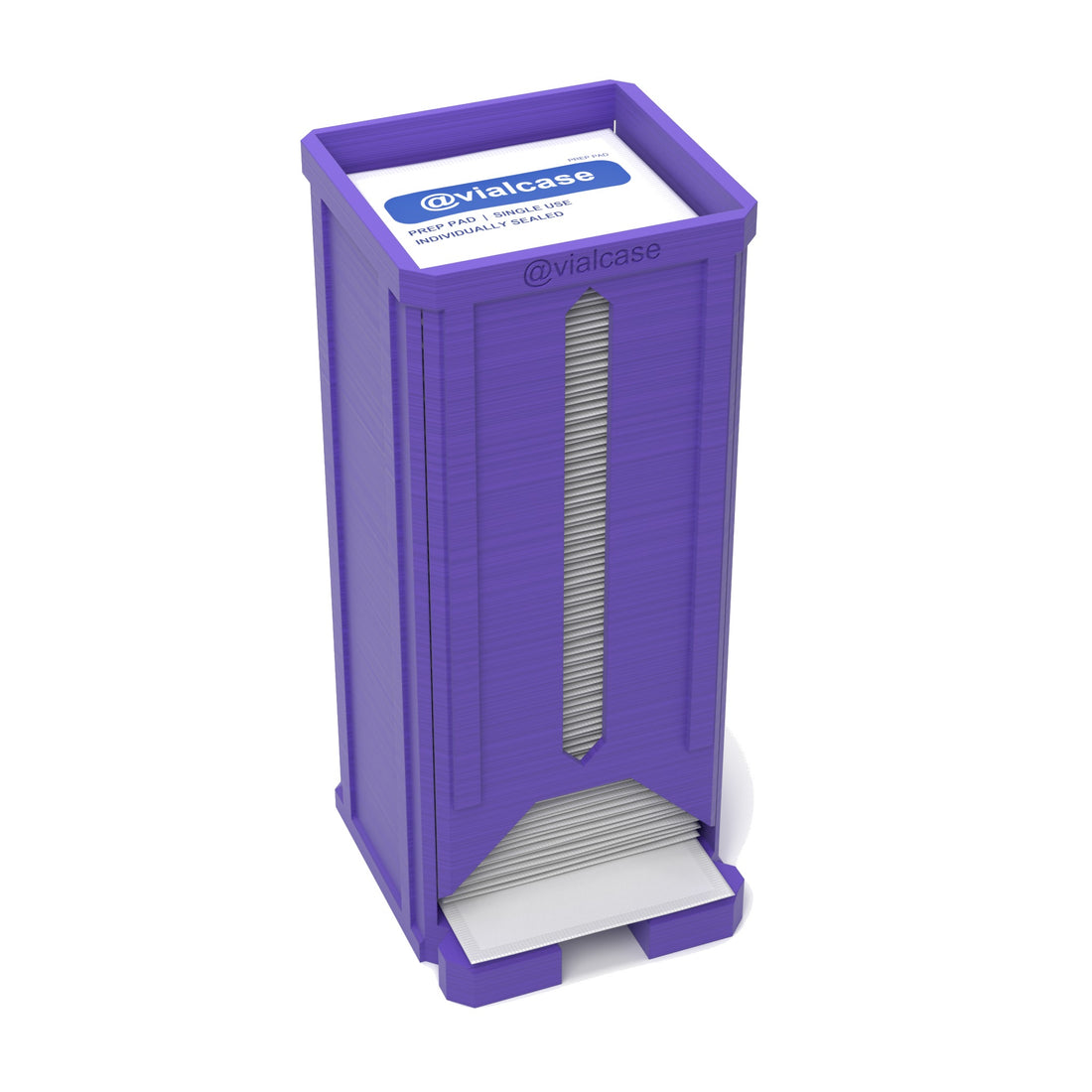 Staged: VialCase Prep Pad Dispenser 100 Pads in Purple - prep pads shown are not included