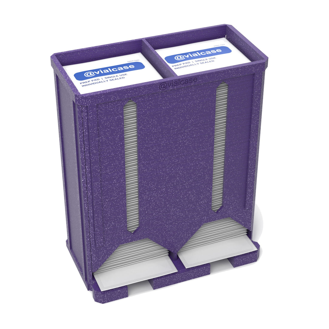Staged: VialCase Prep Pad Dispenser 200 Pads Twin in Galaxy Purple - prep pads shown are not included