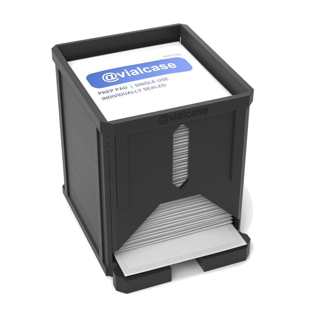 Staged: VialCase Prep Pad Dispenser 50 Large Pads in Black - prep pads shown are not included