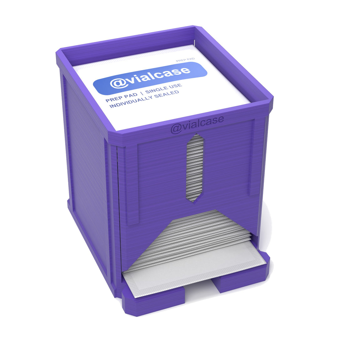 Staged: VialCase Prep Pad Dispenser 50 Large Pads in Purple - prep pads shown are not included