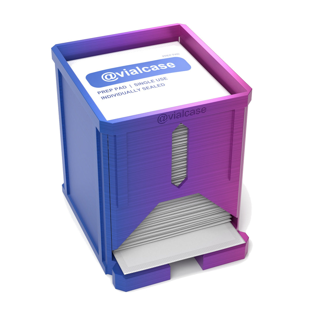 Staged: VialCase Prep Pad Dispenser 50 Large Pads in RGB Metallic - prep pads shown are not included