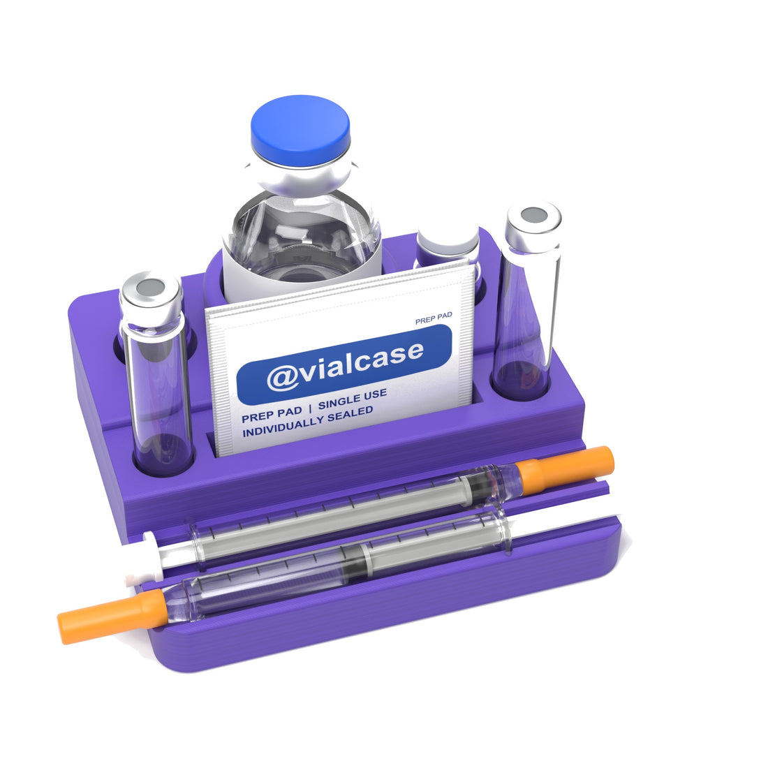 Staged: VialCase Reconstitution Station 2 x 3 mL in Purple - items shown are not included
