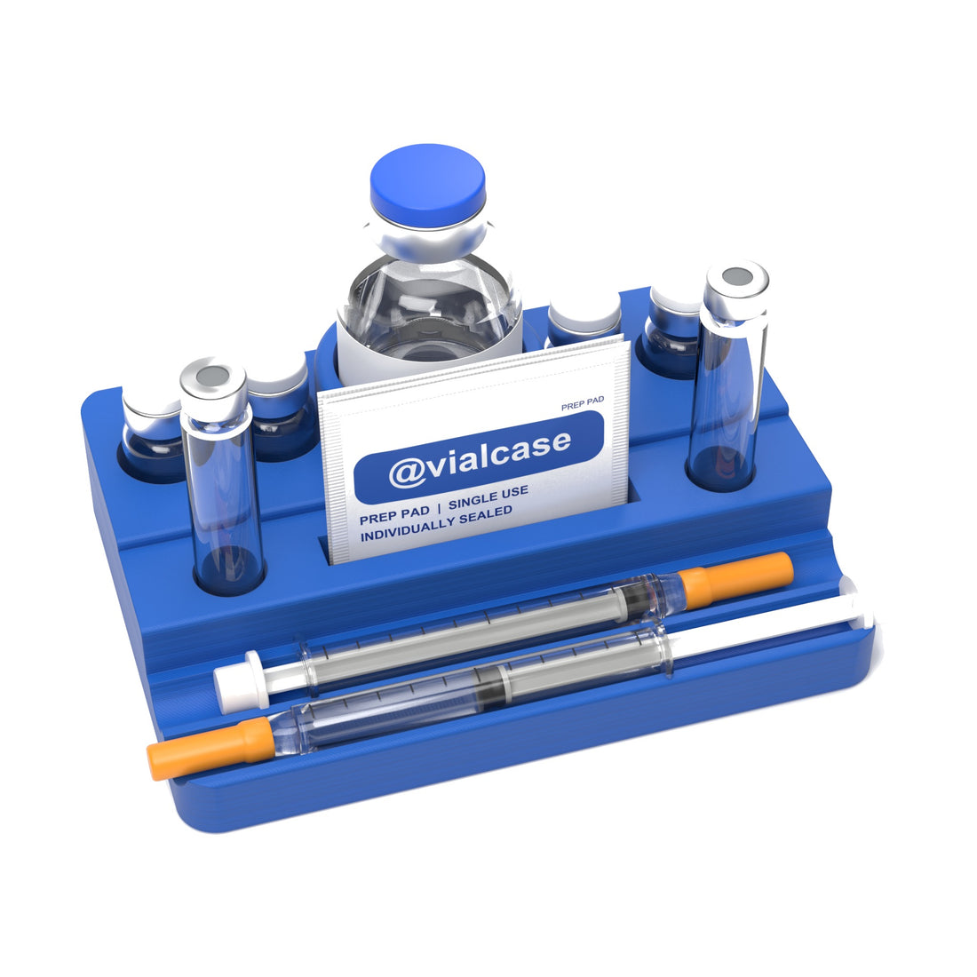Staged: VialCase Reconstitution Station 4 x 3 mL in Cobalt Blue - items shown are not included