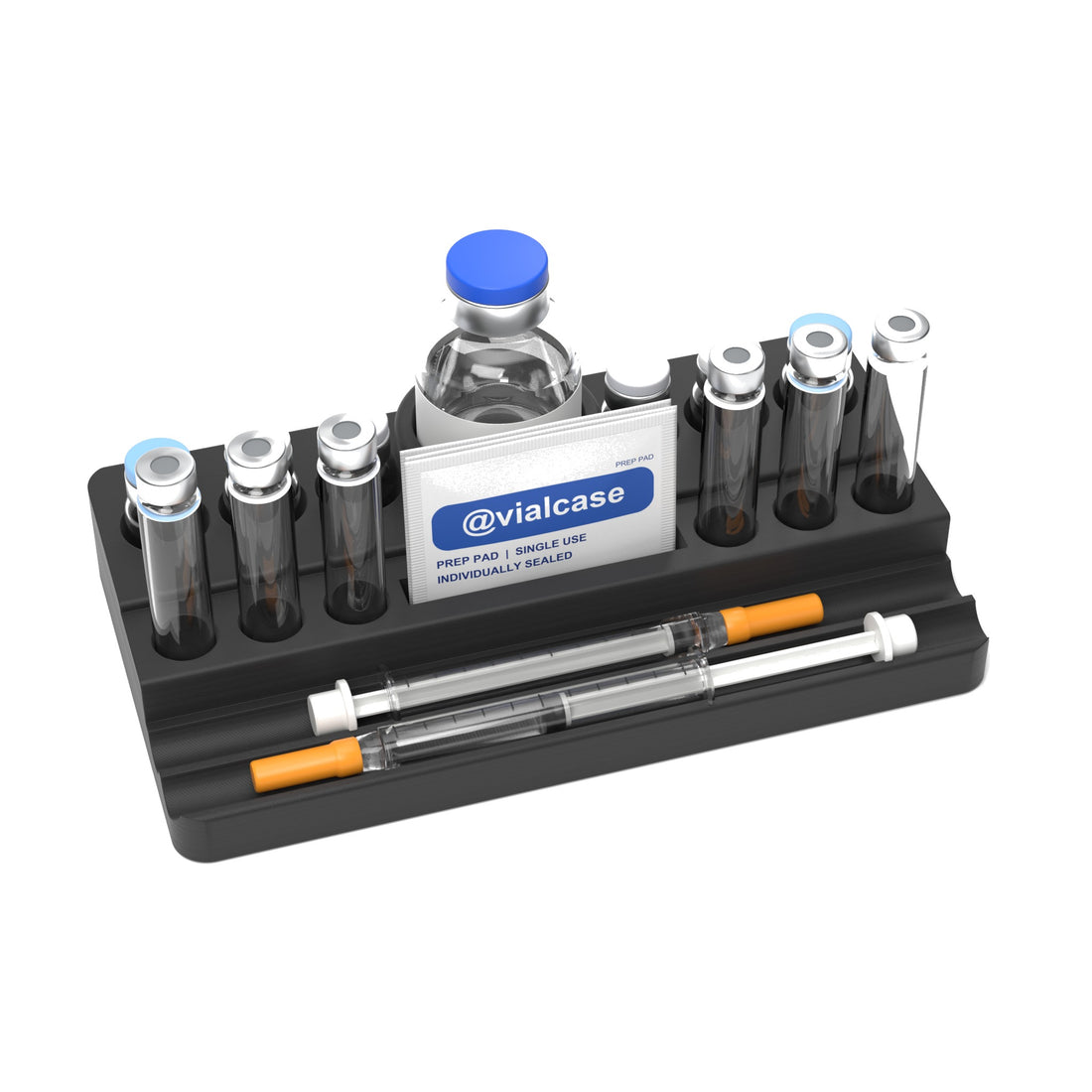 Staged: VialCase Reconstitution Station 6 x 3 mL in Black - items shown are not included
