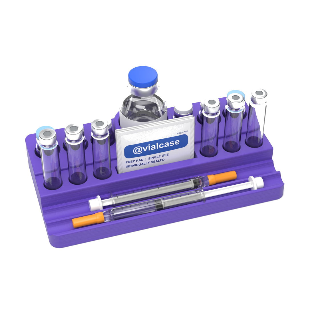 Staged: VialCase Reconstitution Station 6 x 3 mL in Purple - items shown are not included