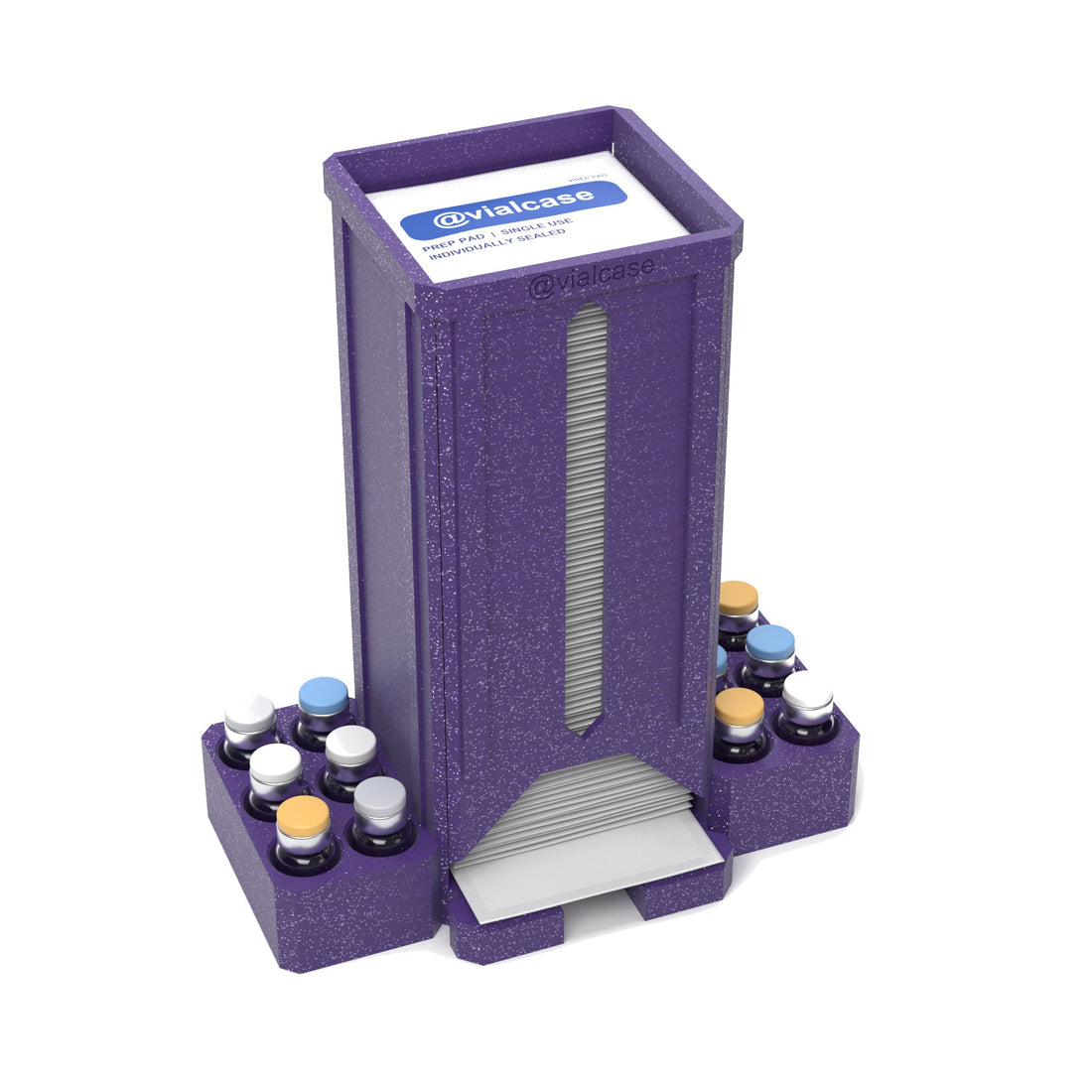 Staged: VialCase Prep Pad Dispenser 100 Pads + 12 × 3mL in Galaxy Purple - prep pads and vials shown are not included