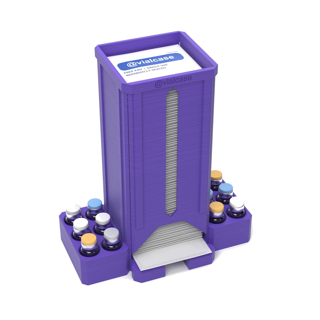 Staged: VialCase Prep Pad Dispenser 100 Pads + 12 × 3mL in Purple - prep pads and vials shown are not included