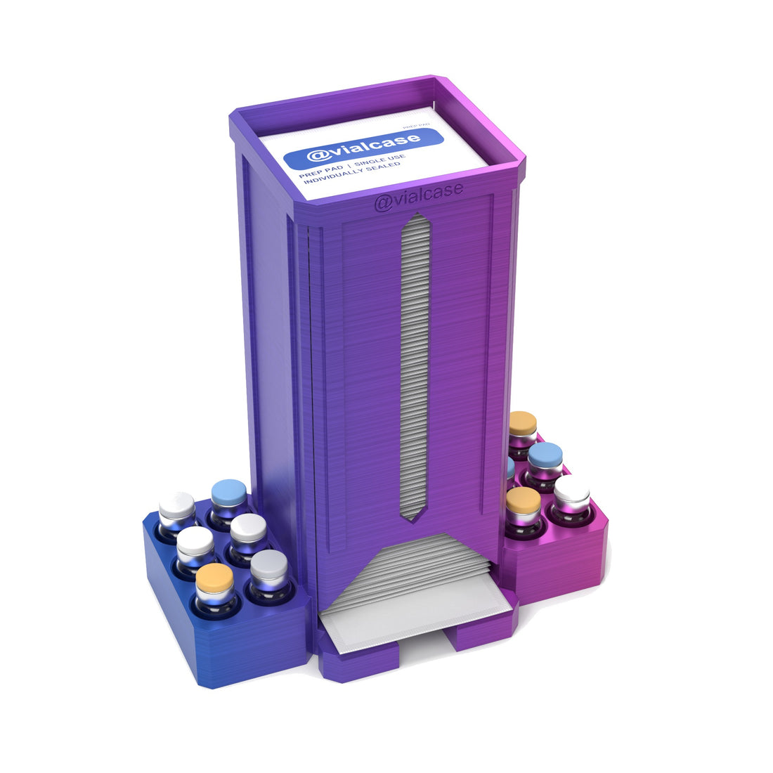 Staged: VialCase Prep Pad Dispenser 100 Pads + 12 × 3mL in RGB Metallic - prep pads and vials shown are not included