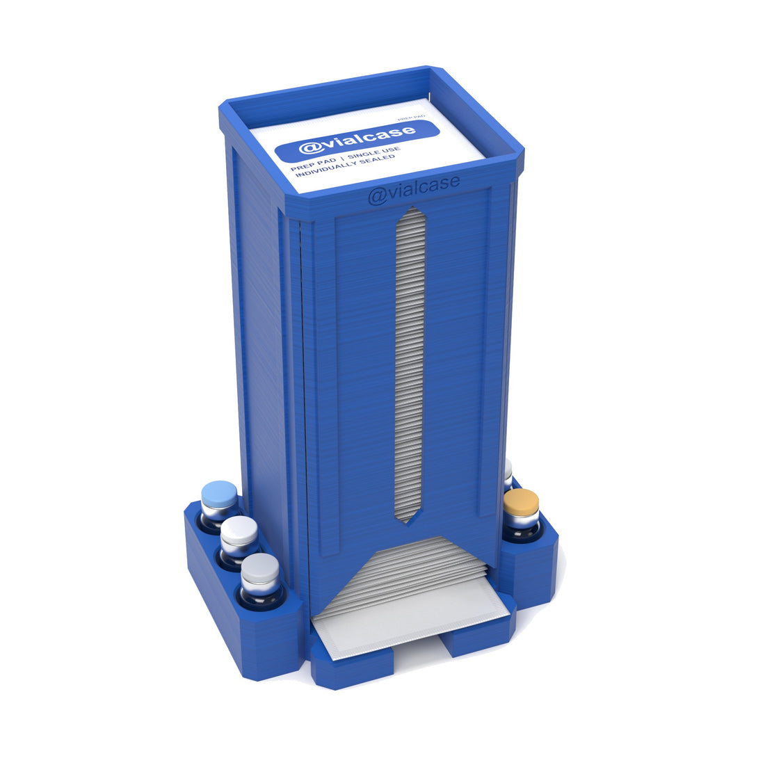 Staged: VialCase Prep Pad Dispenser 100 Pads + 6 × 3mL in Cobalt Blue - prep pads and vials shown are not included