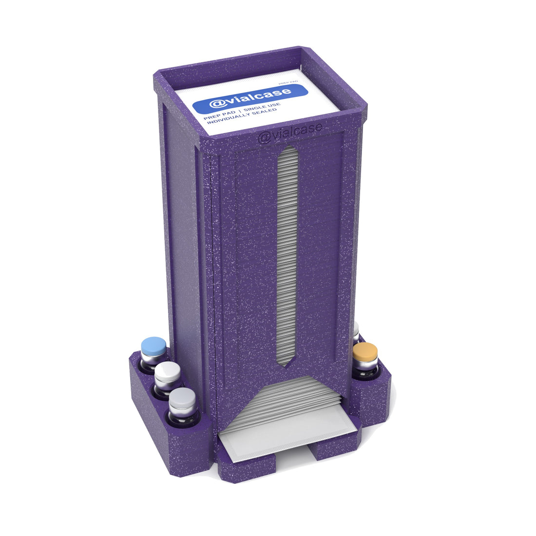 Staged: VialCase Prep Pad Dispenser 100 Pads + 6 × 3mL in Galaxy Purple - prep pads and vials shown are not included