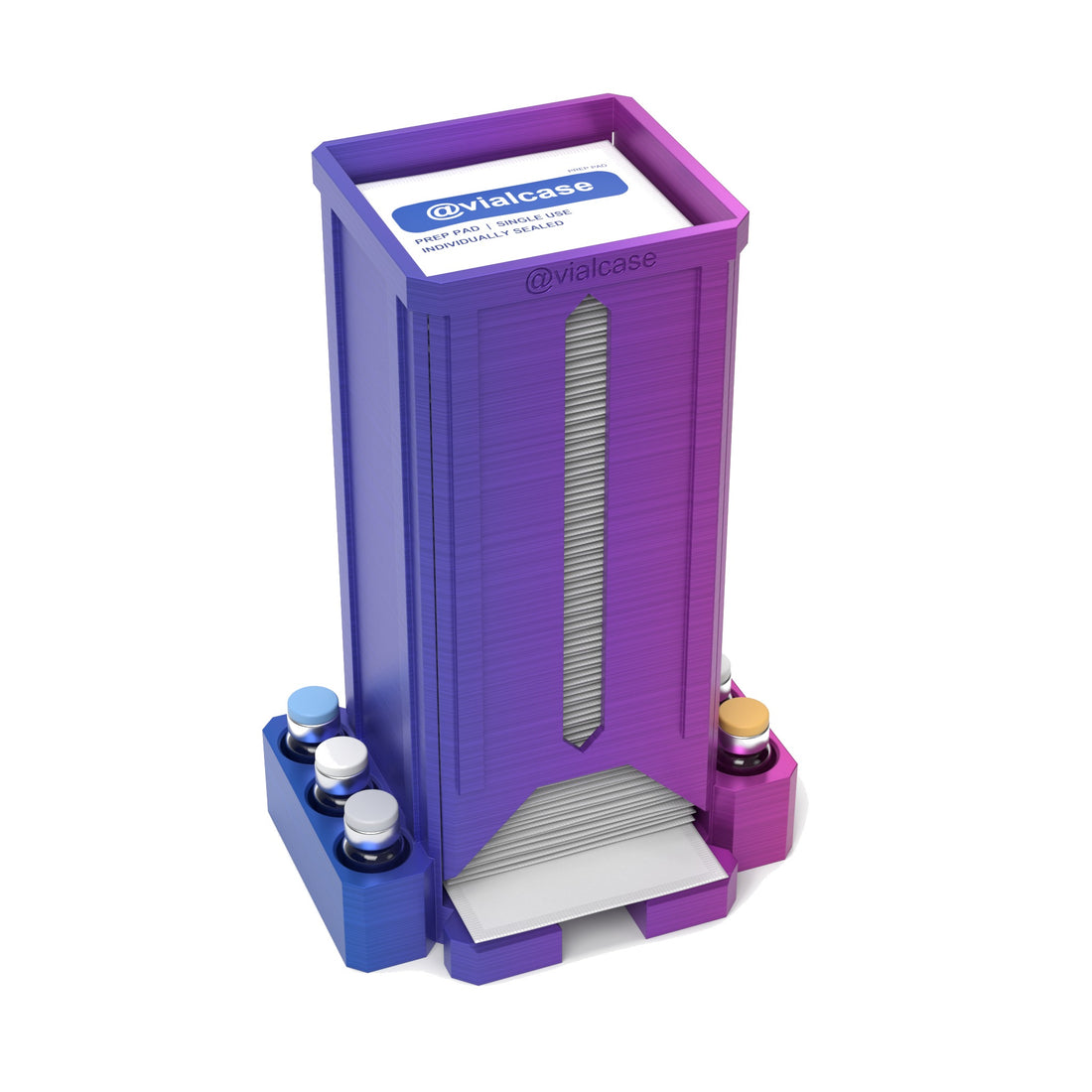 Staged: VialCase Prep Pad Dispenser 100 Pads + 6 × 3mL in RGB Metallic - prep pads and vials shown are not included